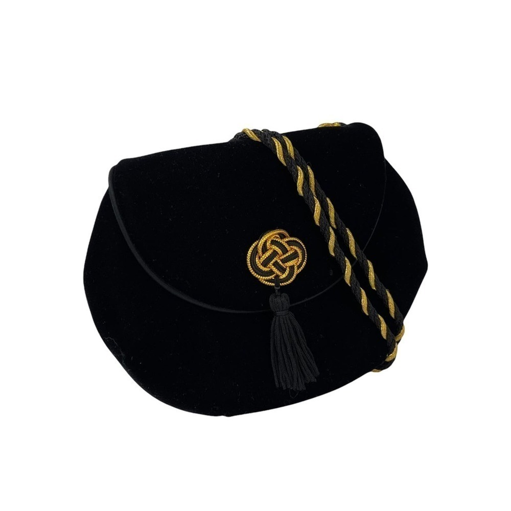 Vintage Black Velvet Clutch Bag Gold & Black Detailing and Corded Shoulder Strap